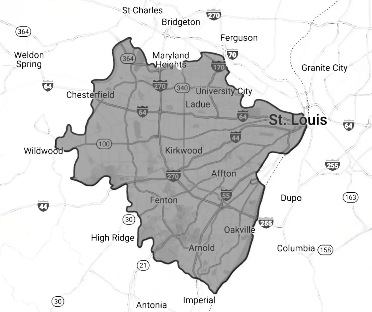 Service area map showing the St. Louis region covered by Imperium Heating and Cooling, including surrounding neighborhoods and communities.