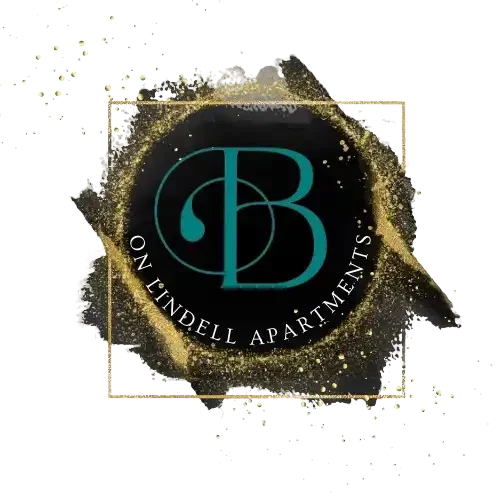 B on Lindell Apartments logo displayed on a black and gold textured background.
