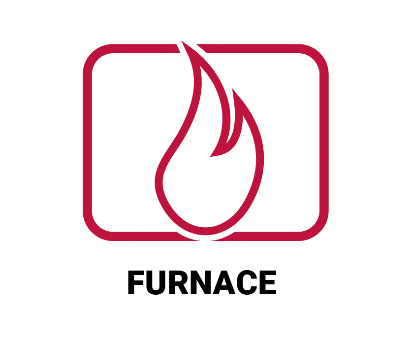 A professional red line icon of a flame inside a rounded frame representing furnace repair and installation services.