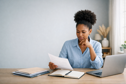 African American woman with high puff afro reviewing paperwork at a home desk with a laptop and notebook