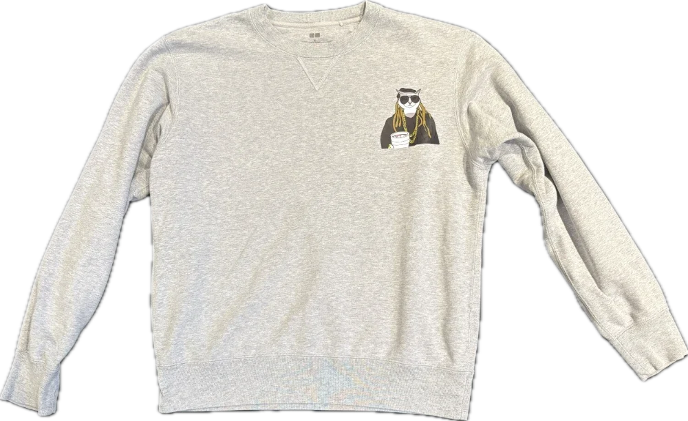 Gray sweatshirt with a graphic of a cat wearing sunglasses, gold chains, and holding a drink, on the upper left side of the chest.