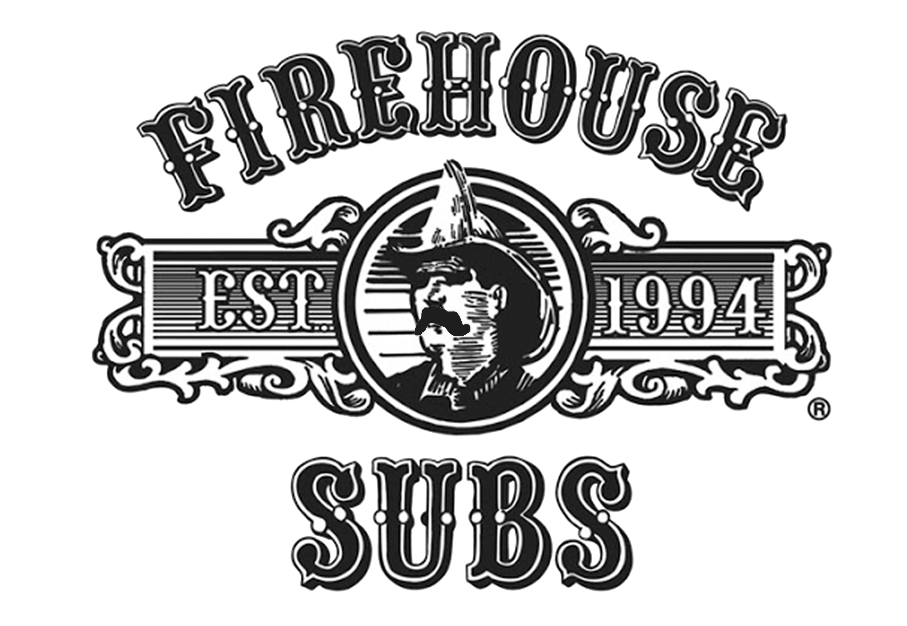 Logo for Firehouse Subs featuring a firefighter with a peaked cap, the words 'Firehouse Subs,' 'Est 1994,' in a vintage style design in black and white.