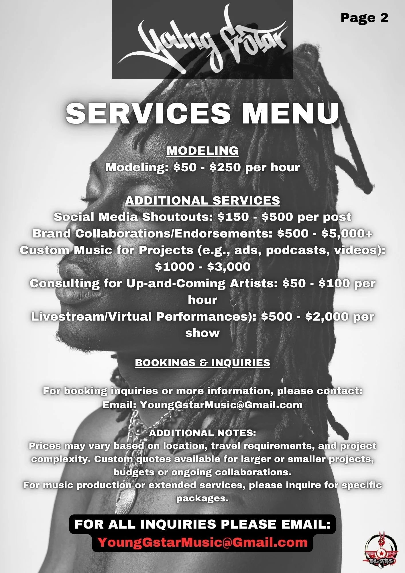 Black and white flyer titled "Services Menu" offering modeling and other creative services. Includes rates for modeling, social media shoutouts, brand collaborations, custom music, consulting, and virtual performances. Contact email provided for inquiries.