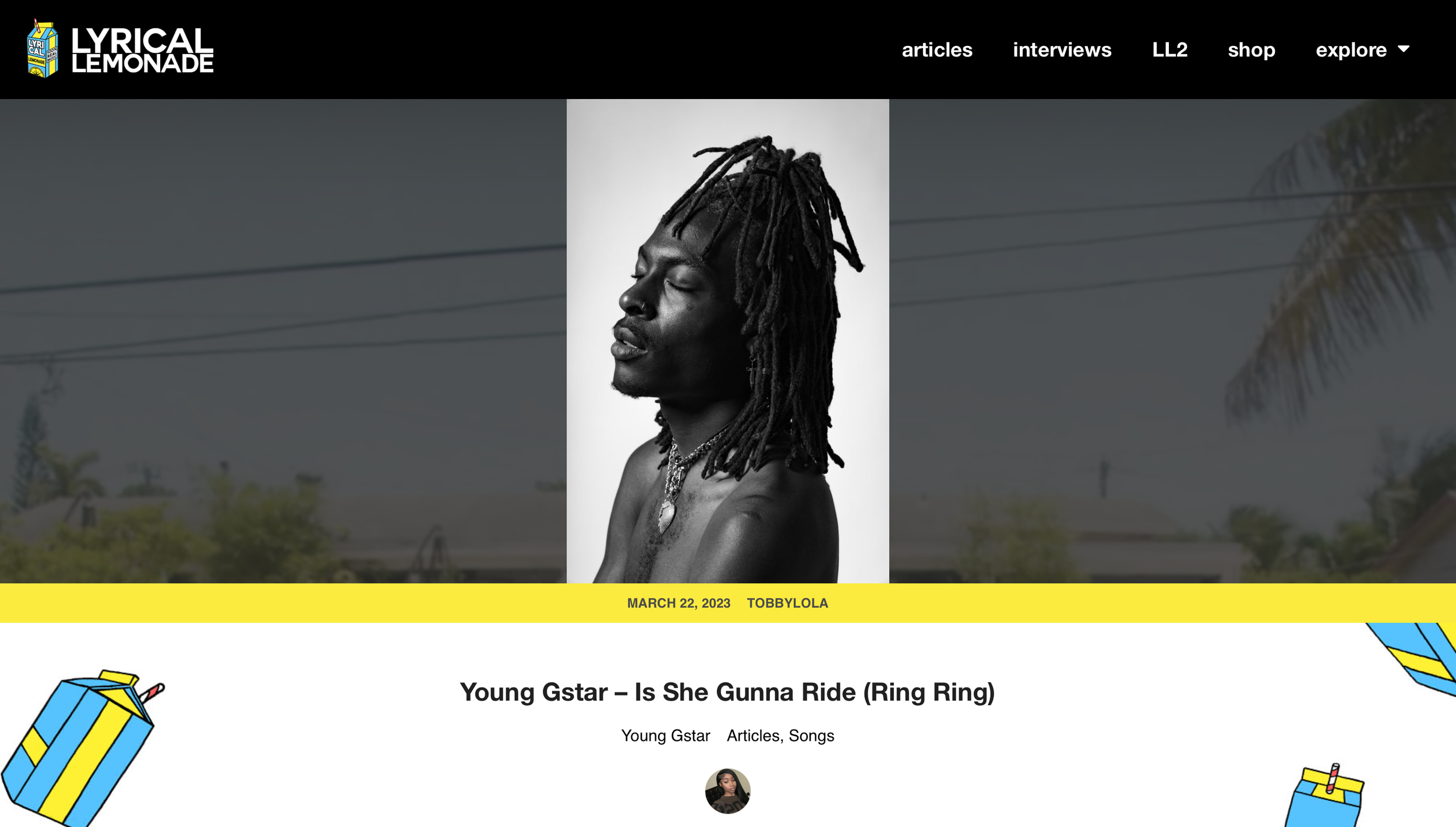 Black and white profile portrait of Young Gstar on the Lyrical Lemonade website.
