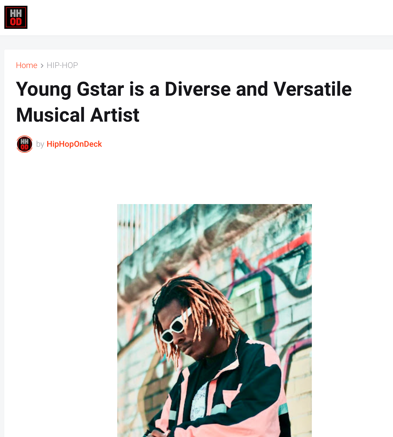 Article titled "Young Gstar is a Diverse and Versatile Musical Artist" with an image of a Young Gstar wearing sunglasses and a jacket, standing in front of graffiti.