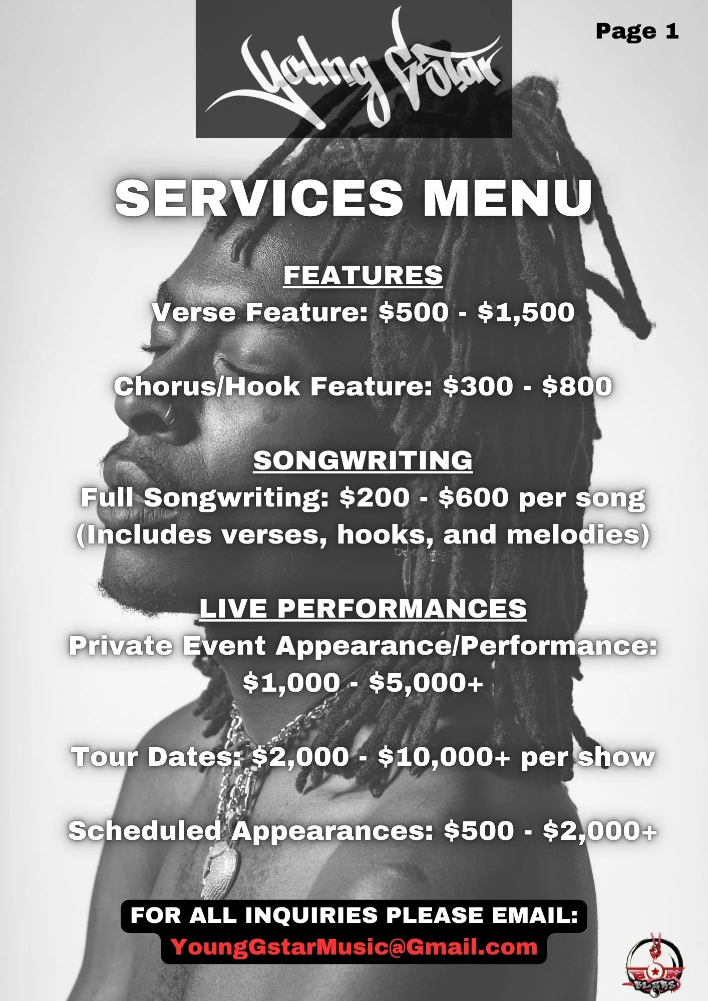 Promotional flyer for "Young Gstar" detailing services and pricing. Features include Verse Feature: $500-$1,500, Chorus/Hook Feature: $300-$800. Songwriting services: Full Songwriting $200-$600 per song. Live Performances: Private Event $1,000-$5,000+, Tour Dates $2,000-$10,000+ per show, Scheduled Appearances $500-$2,000+. Contact email provided.