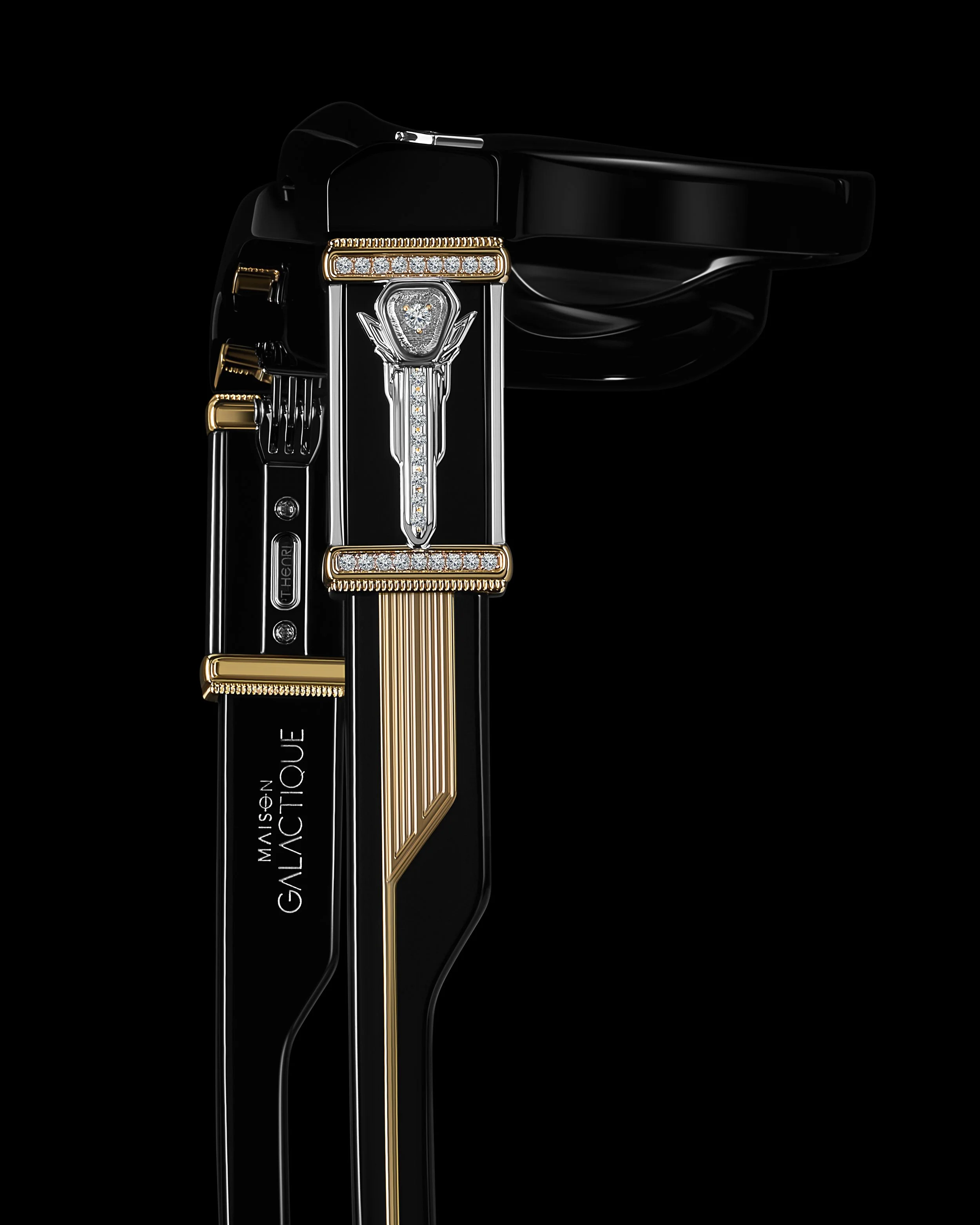 Luxury product photography featuring a high-end jewelry detail with gold accents, captured with dramatic lighting for premium branding and e-commerce use.