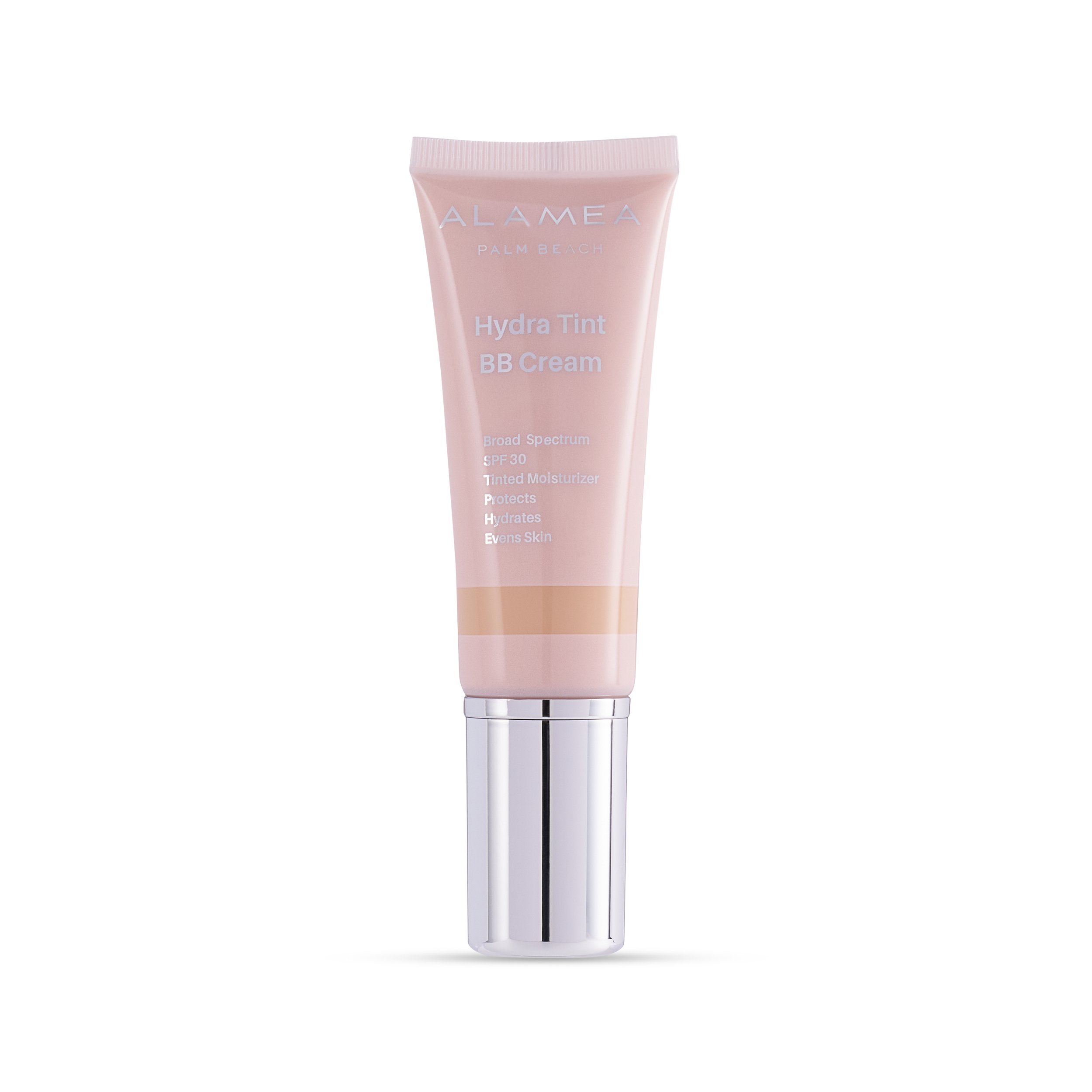 Alamea tube of BB Cream in a light pink bottle with silver top, set on a white background