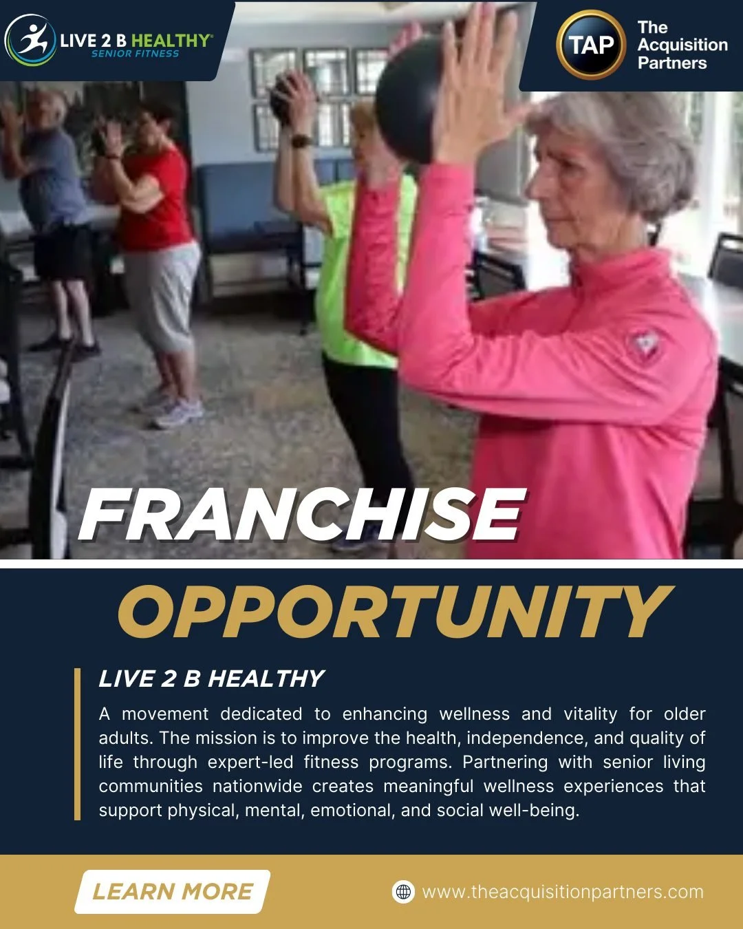 Bring fitness to older adults where they live. Group classes, measurable outcomes, and partnerships with senior communities. Mission-forward with repeat sessions.
Help people age actively&mdash;and build recurring revenue.  Visit our website to sched