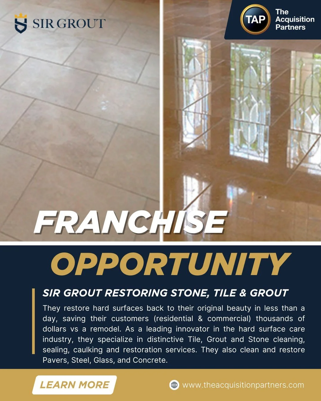 Restore what people already love. Tile, grout, stone, and hard surfaces transformed without full replacement. High margins, striking before/afters, strong referrals. Make every surface a case study.  Visit our website to schedule a conversation and l