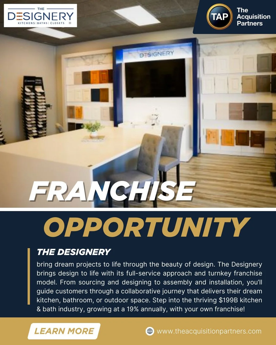 Transform spaces and design your future. 
They offer franchisees an exciting opportunity to own a dynamic business in the booming home improvement industry. Specializing in customized kitchen, bath, and closet solutions, their franchise delivers exce
