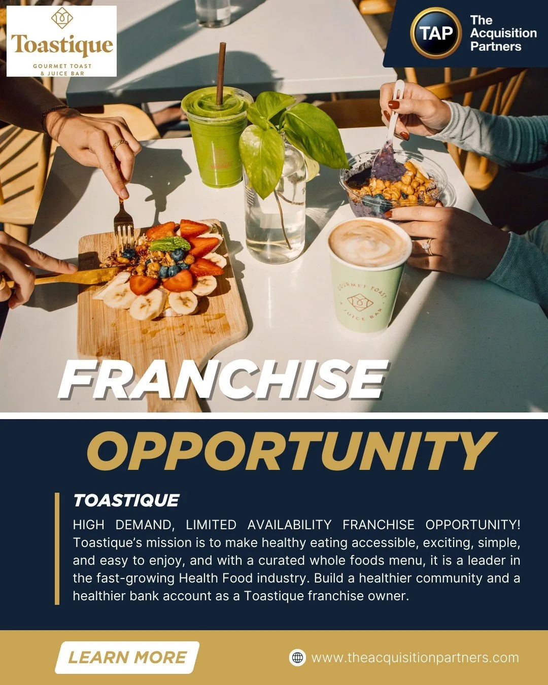 Own a slice of Success. Join the fast-growing trend of gourmet toast and wellness-driven caf&eacute;s with a Toastique franchise. Specializing in artisanal toast creations, fresh juices, and smoothie bowls, Toastique offers franchisees a fresh, flavo