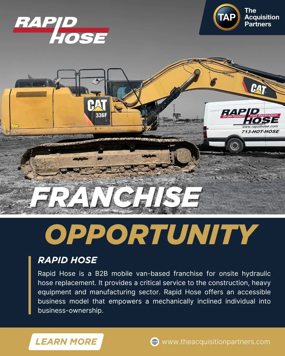Rapid Hose is a B2B mobile van-based franchise for onsite hydraulic hose replacement. It provides a critical service to the construction, heavy equipment and manufacturing sector. Rapid Hose offers an accessible business model that empowers a mechani
