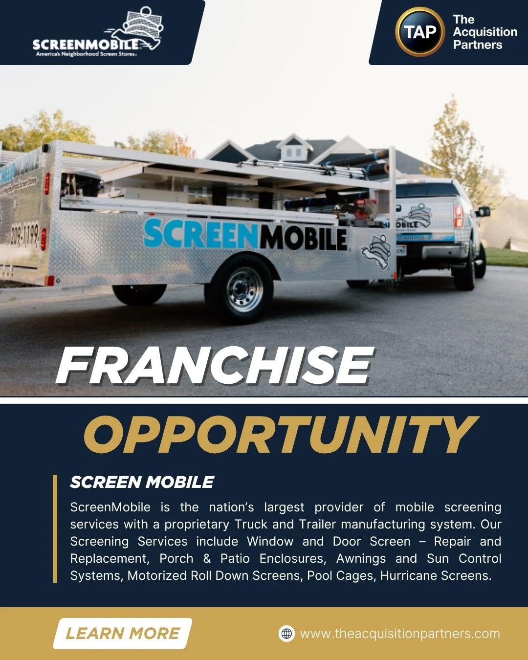 ScreenMobile has been repairing and manufacturing WINDOW and DOOR screens for homeowners across America for 45 years. It is a unique business and the nation&rsquo;s largest provider of mobile screening services with a proprietary Truck and Trailer ma