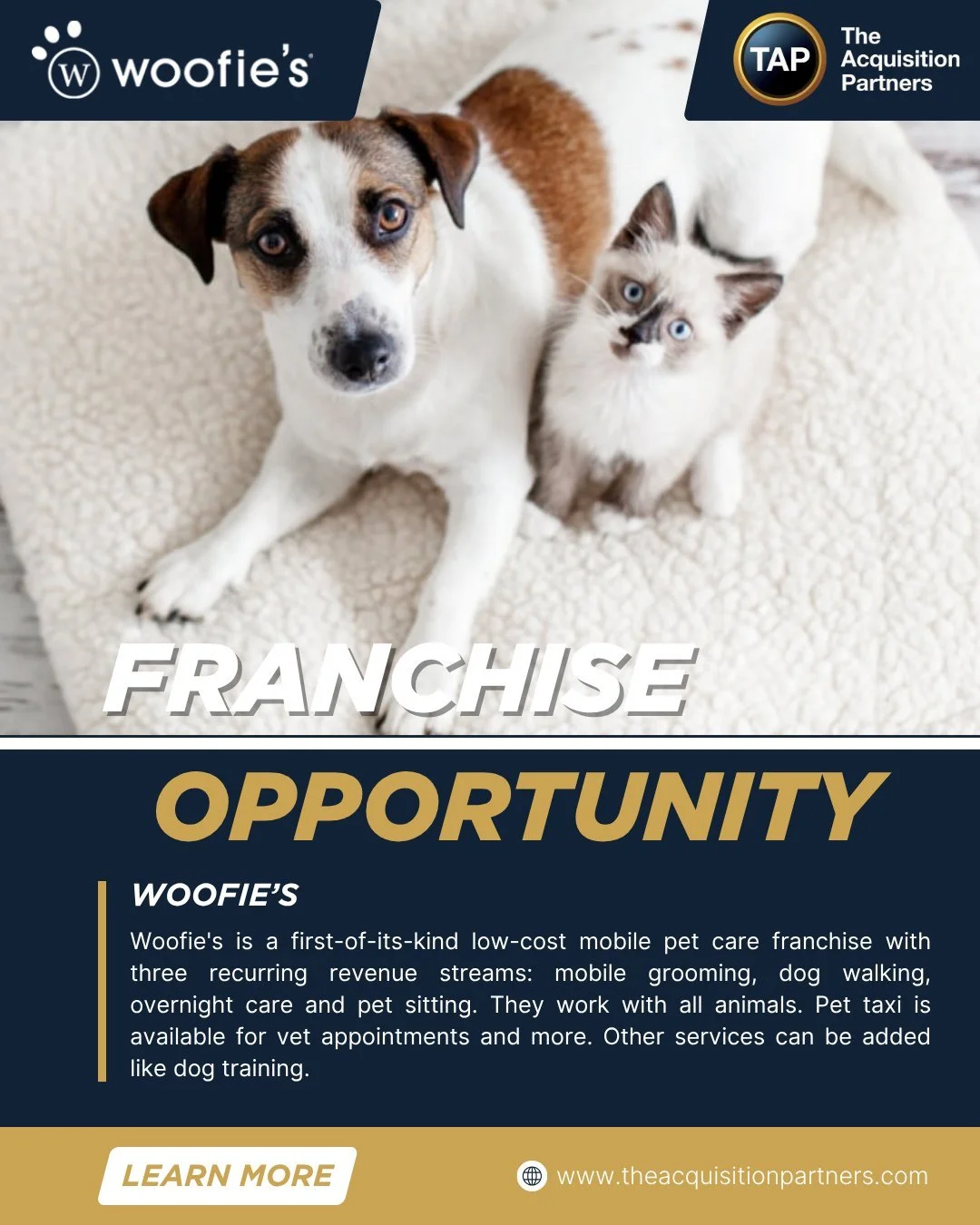 Woofie's is a first-of-its-kind pet care franchise. There are three recurring revenue streams: mobile grooming, dog walking, and pet sitting. We work with all animals. Cats, rabbits, and even guinea pigs get groomed or require pet sitting when their 