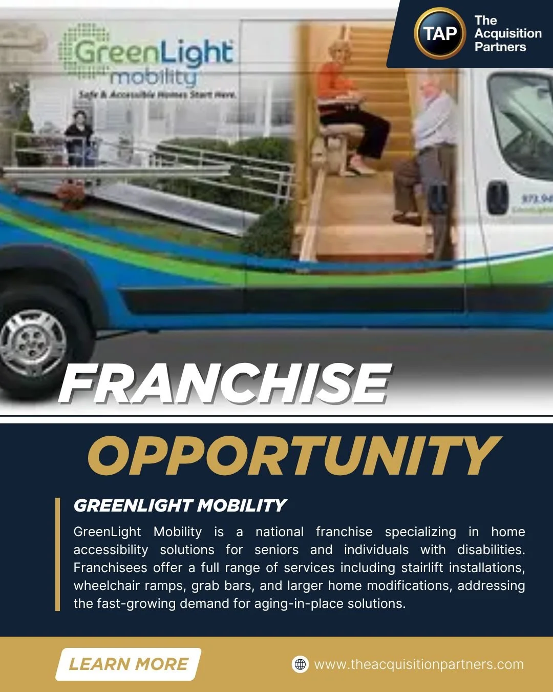 GreenLight Mobility is a national franchise specializing in home accessibility solutions for seniors and individuals with disabilities. Franchisees offer a full range of services including stairlift installations, wheelchair ramps, grab bars, and lar