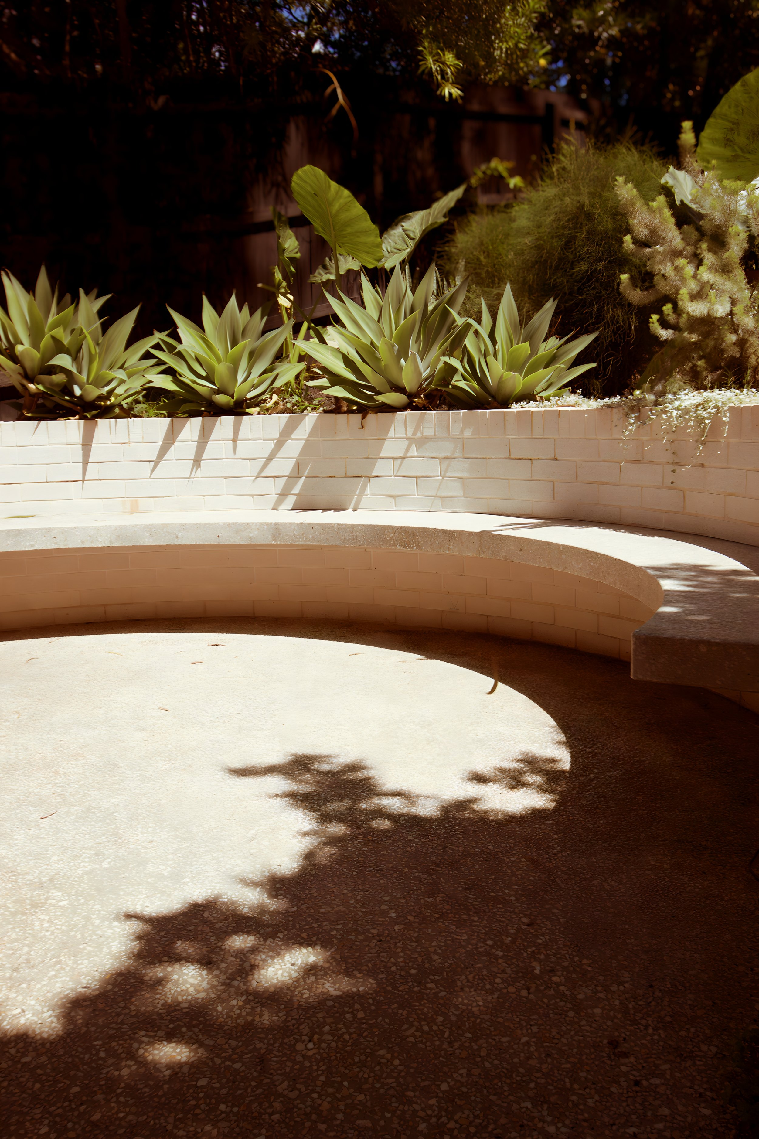 Semi-circular concrete bench with white brick wall, built by Round Hill Projects—specialist in architectural renovations, custom homes, and extensions across South East Queensland.
