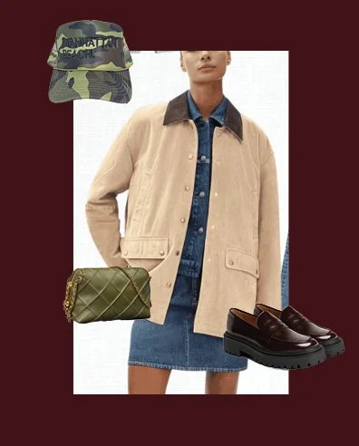 Manhattan Beach camo, camouflage hat with a matching army green purse clutch, blue jean outfit, tan jacket coat, with maroon loafers. Holiday outfit.