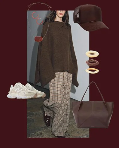 Airplane outfit, comfy baggy pants with shawl, brown trucker hat, bangle bracelets, new balance tennis shoes, travel tote, natural stone jewelry.