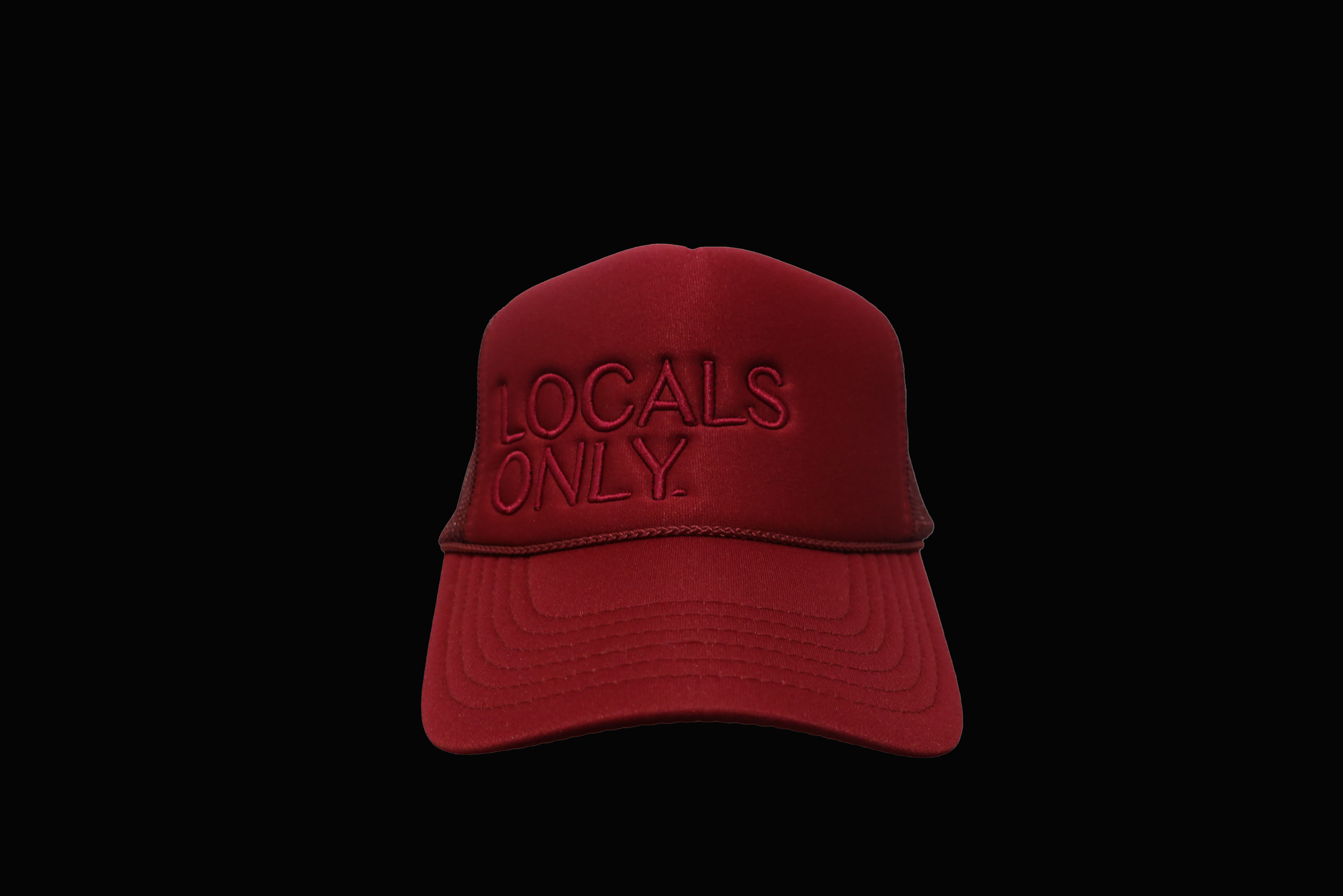 Locals Only. A red burgundy hat. Manhattan Beach collection. Green, blue, brown, camo baseball hat, trucker hat.