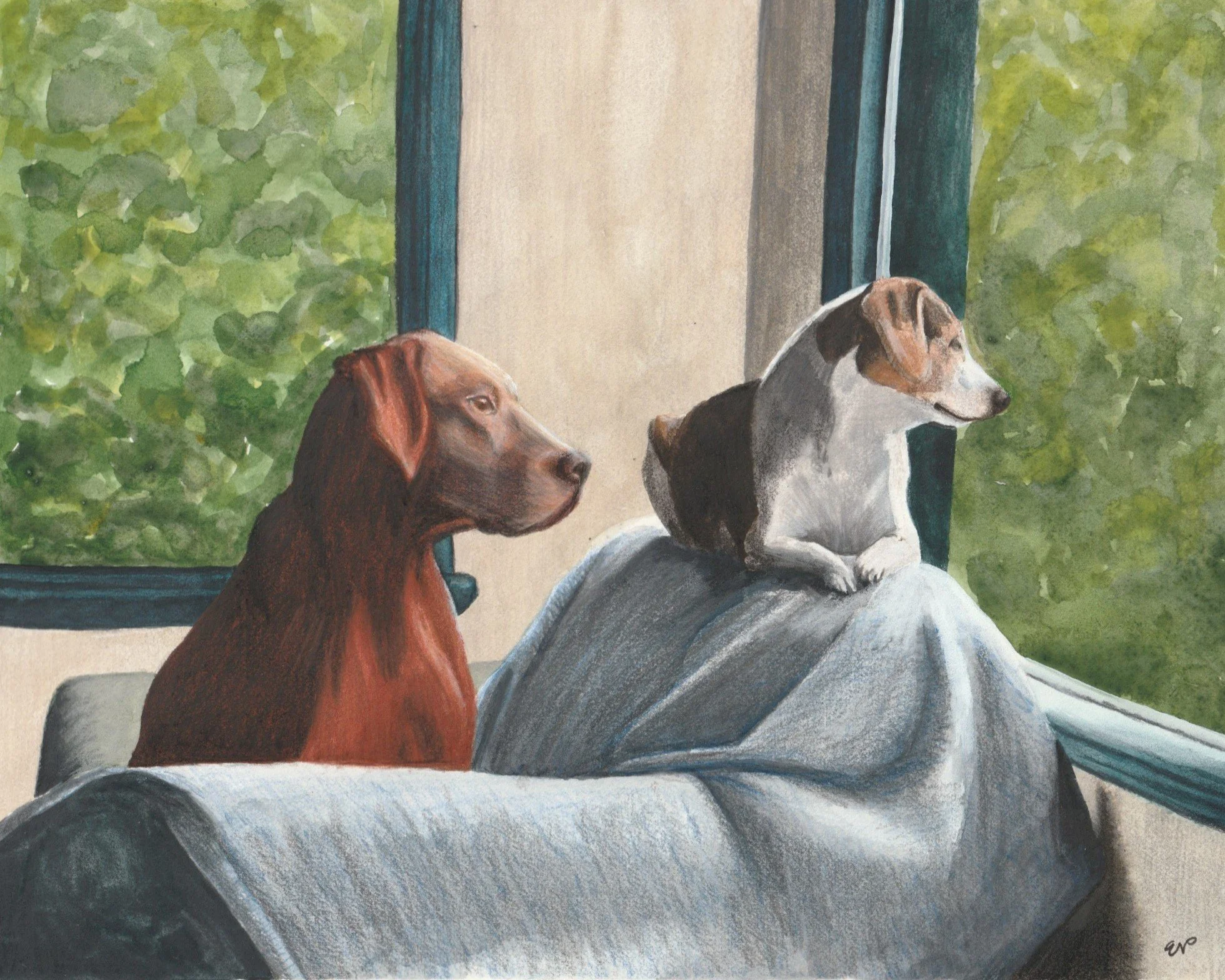 Red and Lucy | 8x10 | watercolor + colored pencil