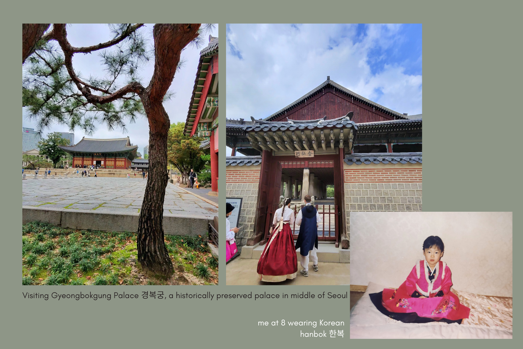 Collage showing Korean travel photos of palace and traditional Korean clothing