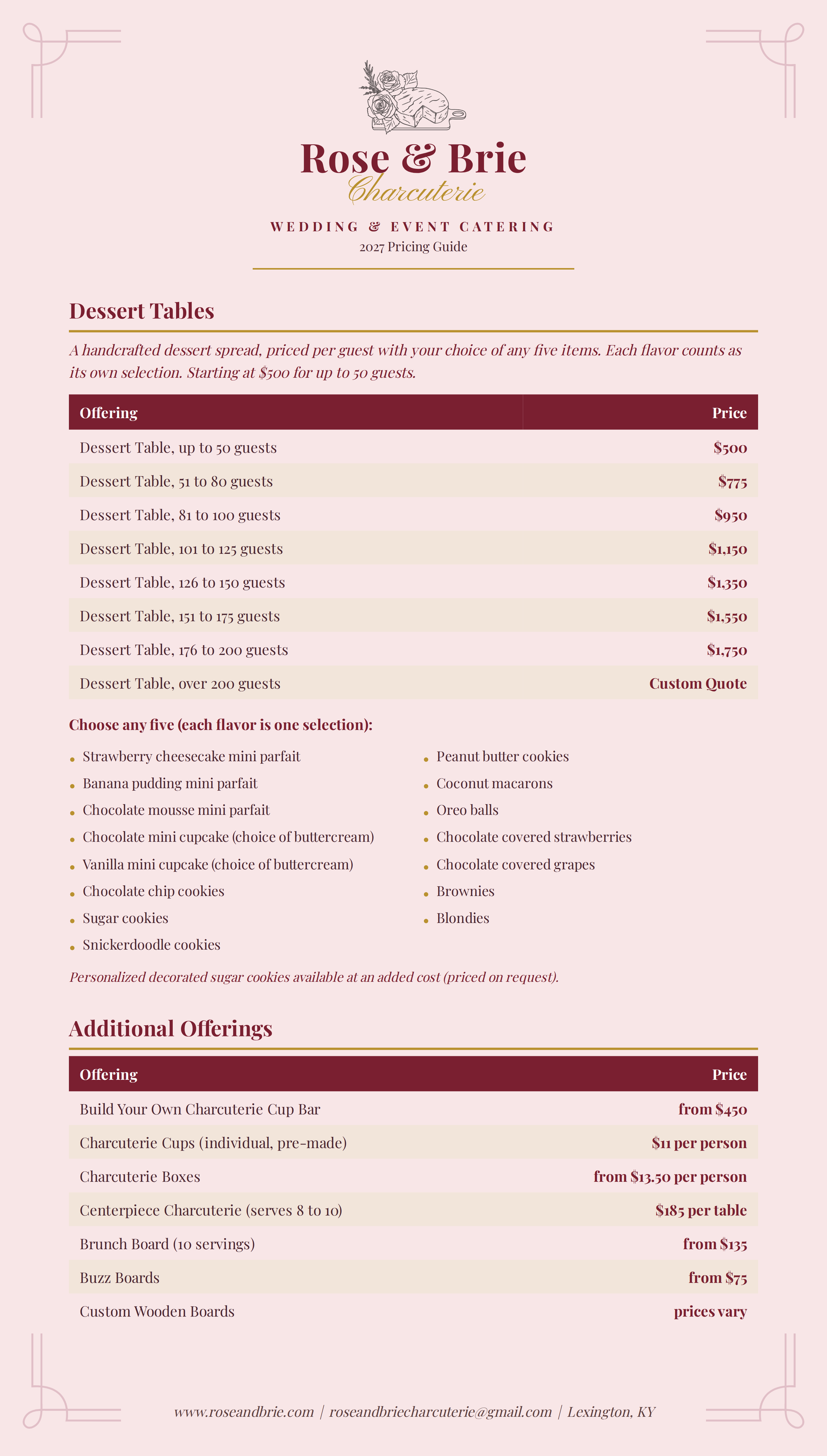Charcuterie menu from Rose & Brie with prices and dessert options listed.