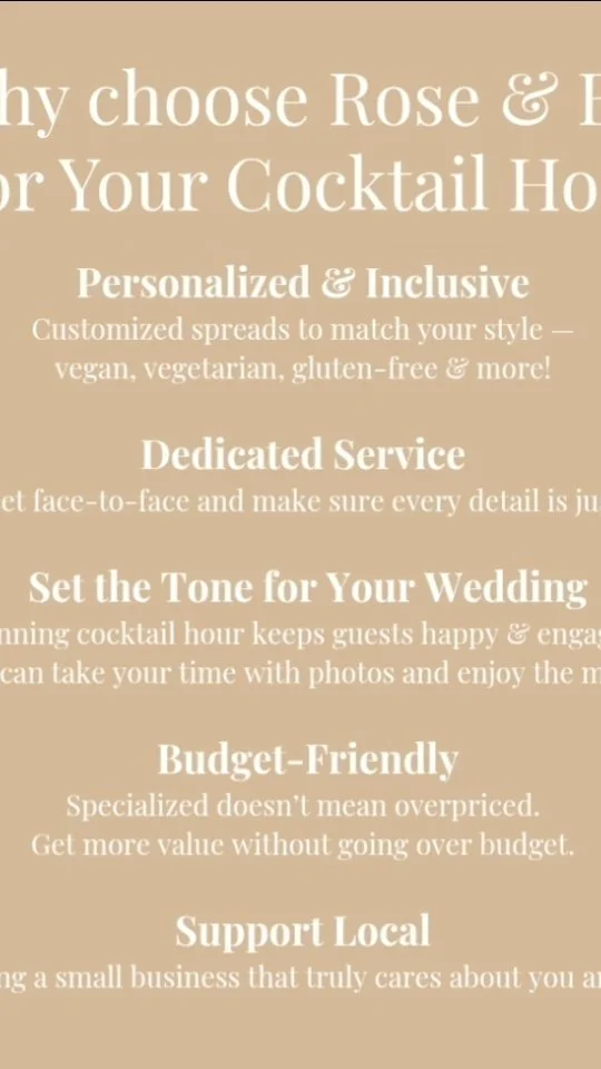 Why choose a specialized caterer for your cocktail hour? We will make your cocktail hour shine β¨
It’s the first thing your guests will notice — and we make sure it’s unforgettable. Beautiful spreads, personalized touches, and local