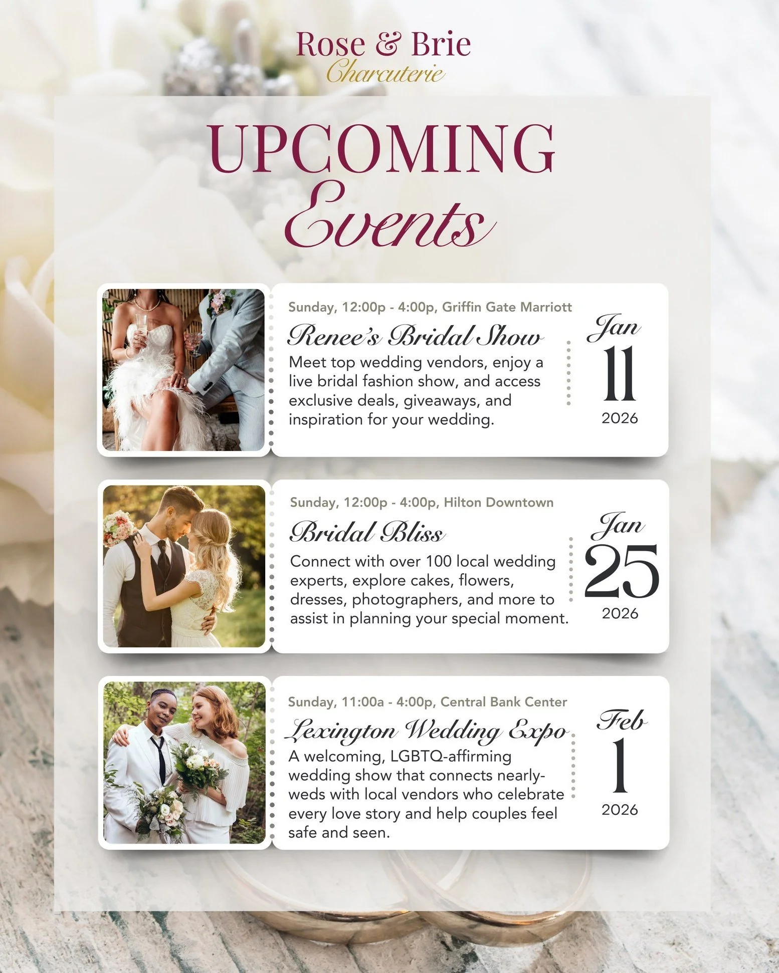 Interested in meeting me, tasting samples, and learning more about Rose &amp; Brie for your wedding? This is your chance! 🤍
We&rsquo;ll be serving up beautiful charcuterie and wedding inspiration at these upcoming bridal events &mdash; come say hi, 