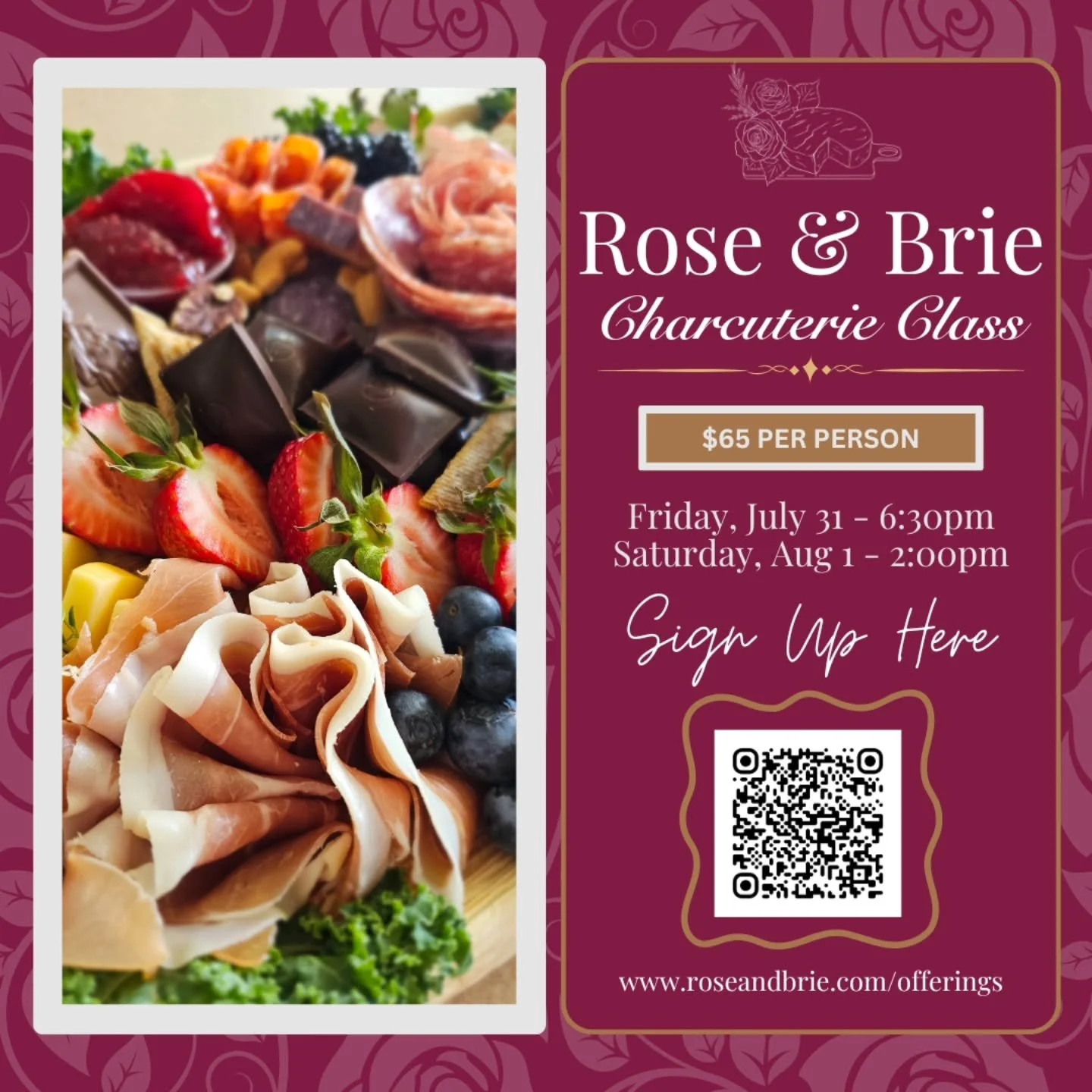 The outpouring of support was overwhelming for the charcuterie classes so I'm posting the dates! Sign Ups are live on my website at www.roseandbrie.com/offerings. 
Grab your spot for a Friday night class, July 31 at 6:30pm - or a Saturday afternoon, 