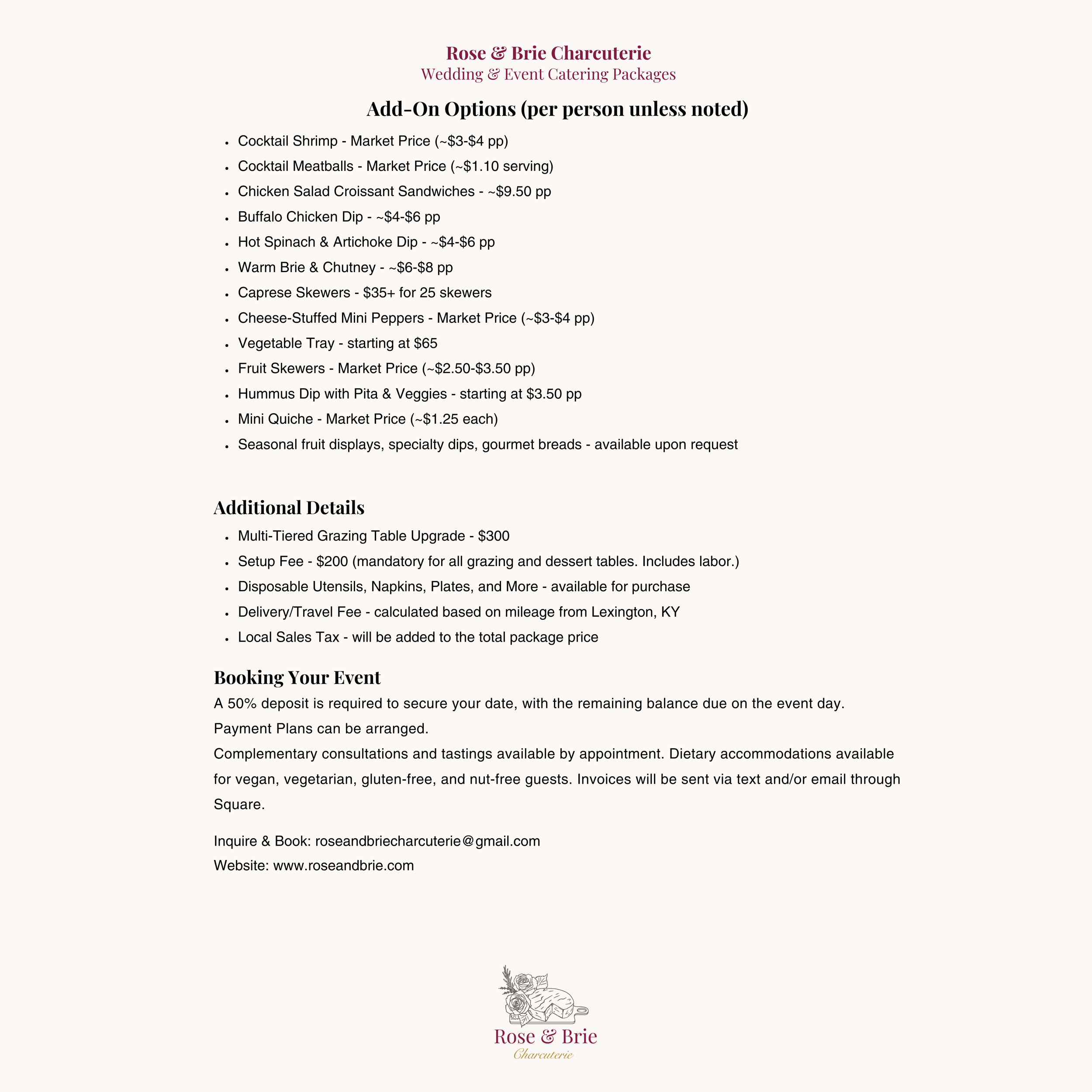 A menu for Rose & Brie Charcuterie featuring items and add-on options, additional details, and booking information.