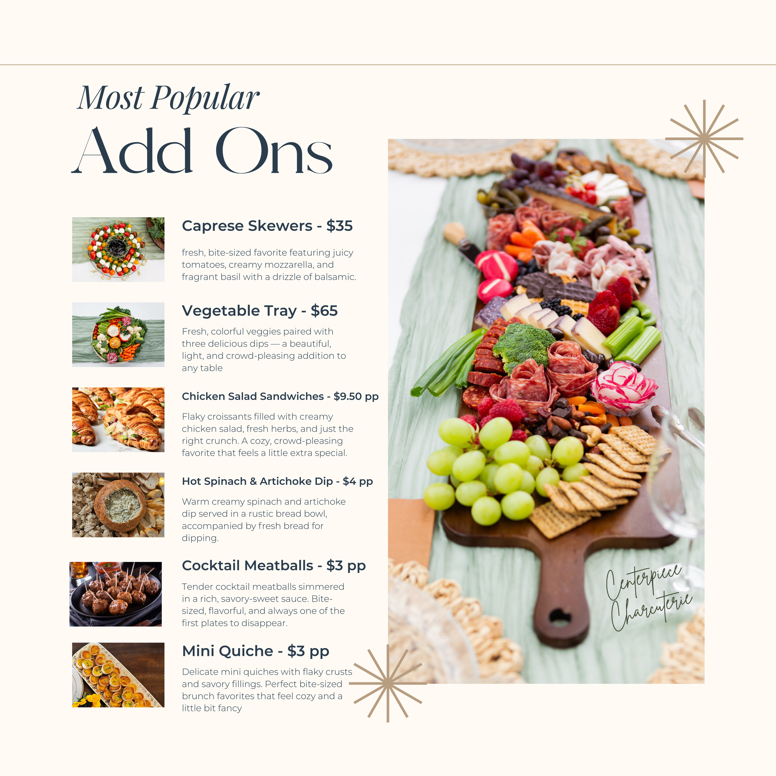 Menu listing for popular add-on food items with descriptions and prices, alongside a large charcuterie board with various meats, cheeses, vegetables, fruits, and crackers.