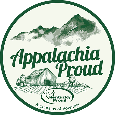 A circular logo with a mountain range and a farm scene in green and white. The text reads 'Appalachia Proud' with 'Kentucky Proud' and the slogan 'Mountains of Potential'.