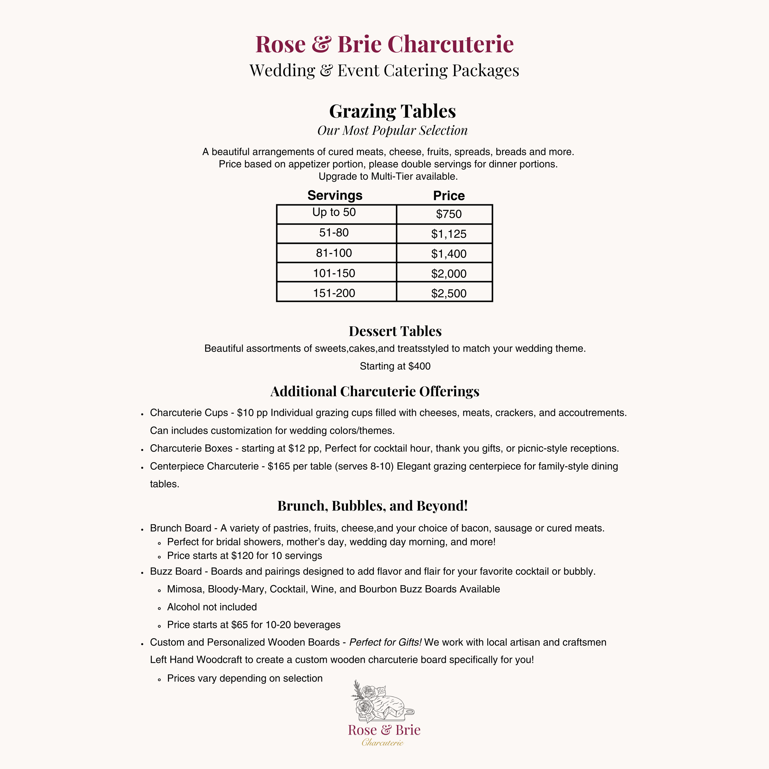 Menu for Rose & Brie Charcuterie featuring wedding and event catering packages, grazing tables, dessert tables, additional charcuterie offerings, brunch options, and customizable wooden boards.
