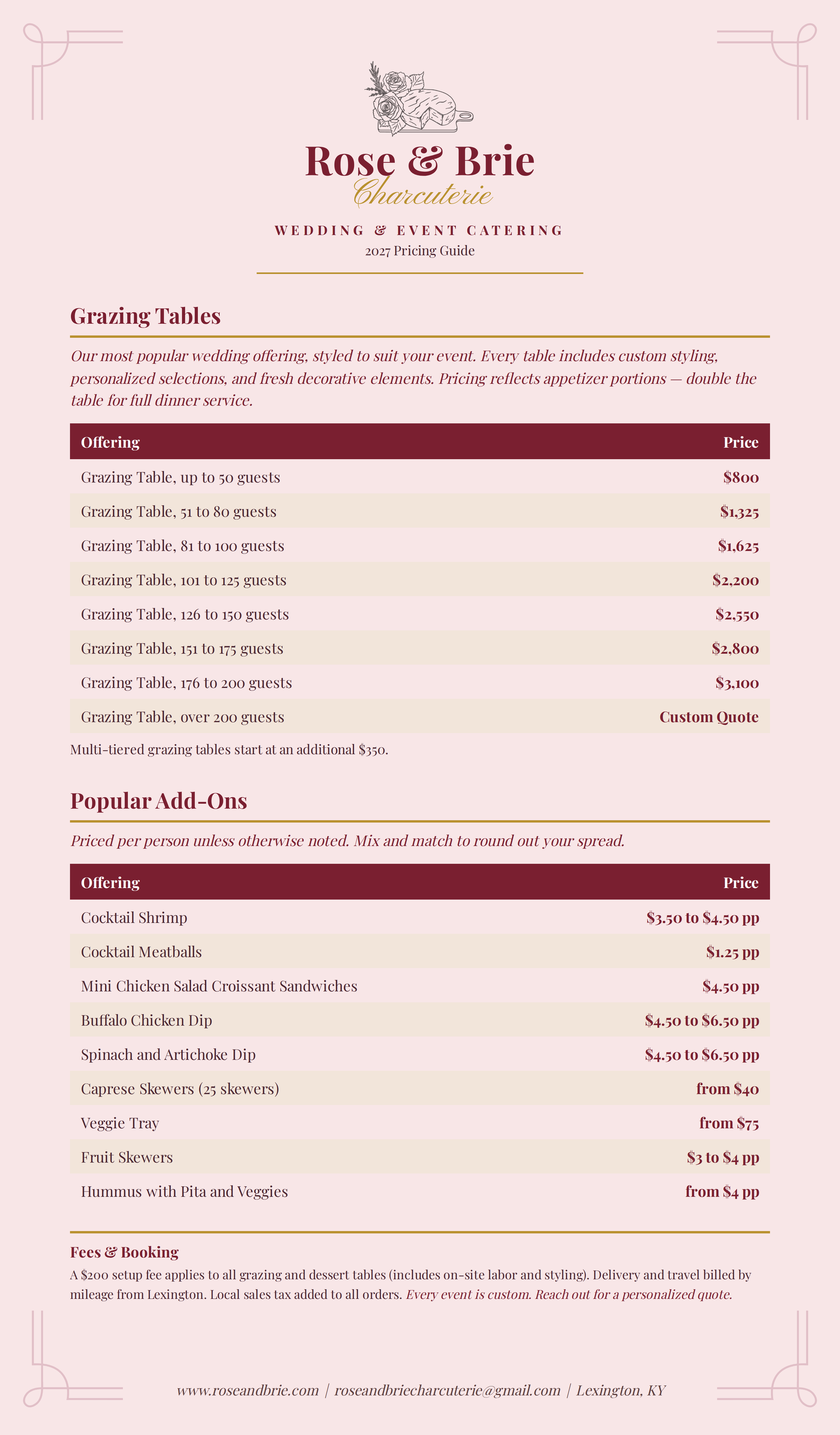 A wedding and event catering pricing guide for Rose & Brie Charcuterie, featuring grazing tables, popular add-ons, and fees, with a soft pink background and elegant decorative elements.