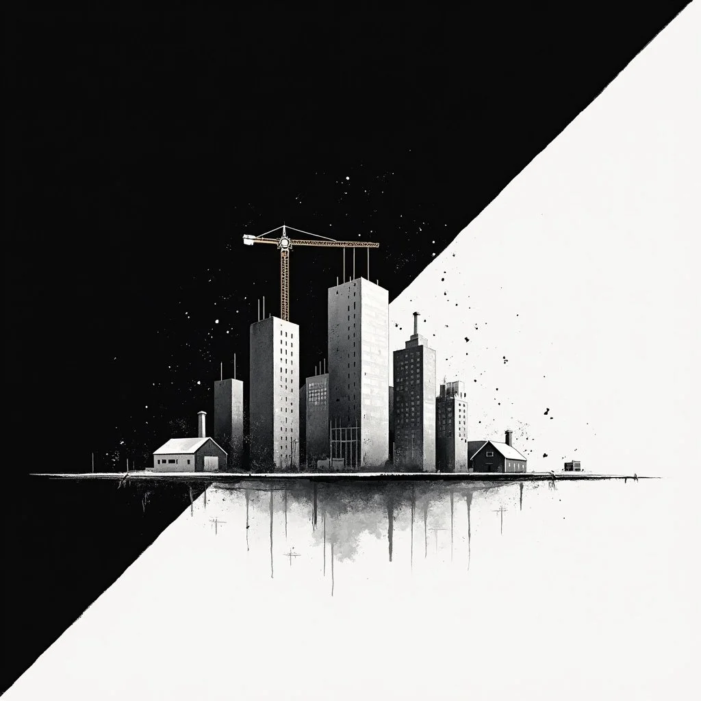 Abstract illustration of a cityscape with tall buildings and a construction crane, divided diagonally with black and white contrasting backgrounds.