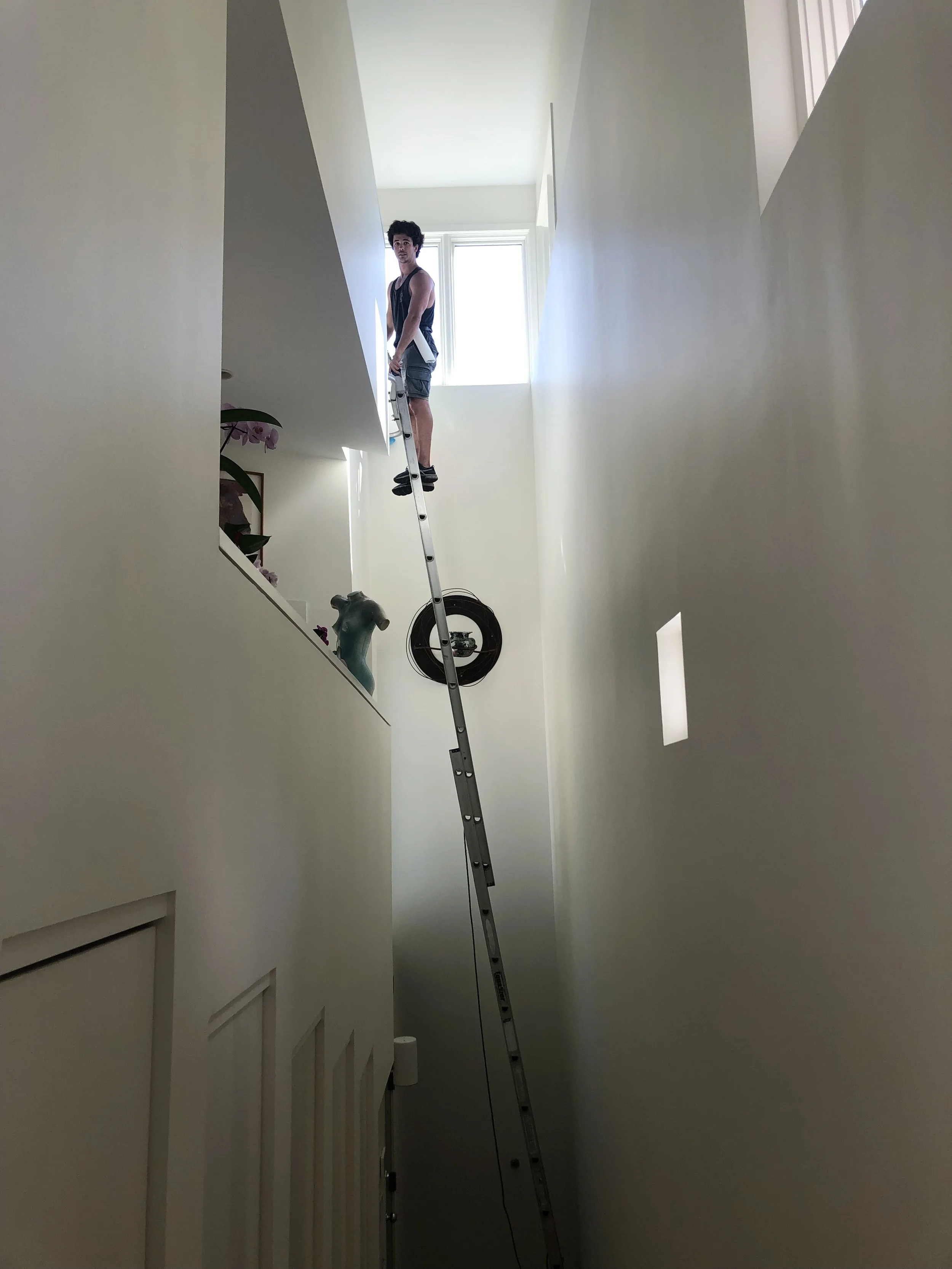 Person standing on a tall ladder in a narrow hallway with high ceilings, large circular object on the wall, window above.
