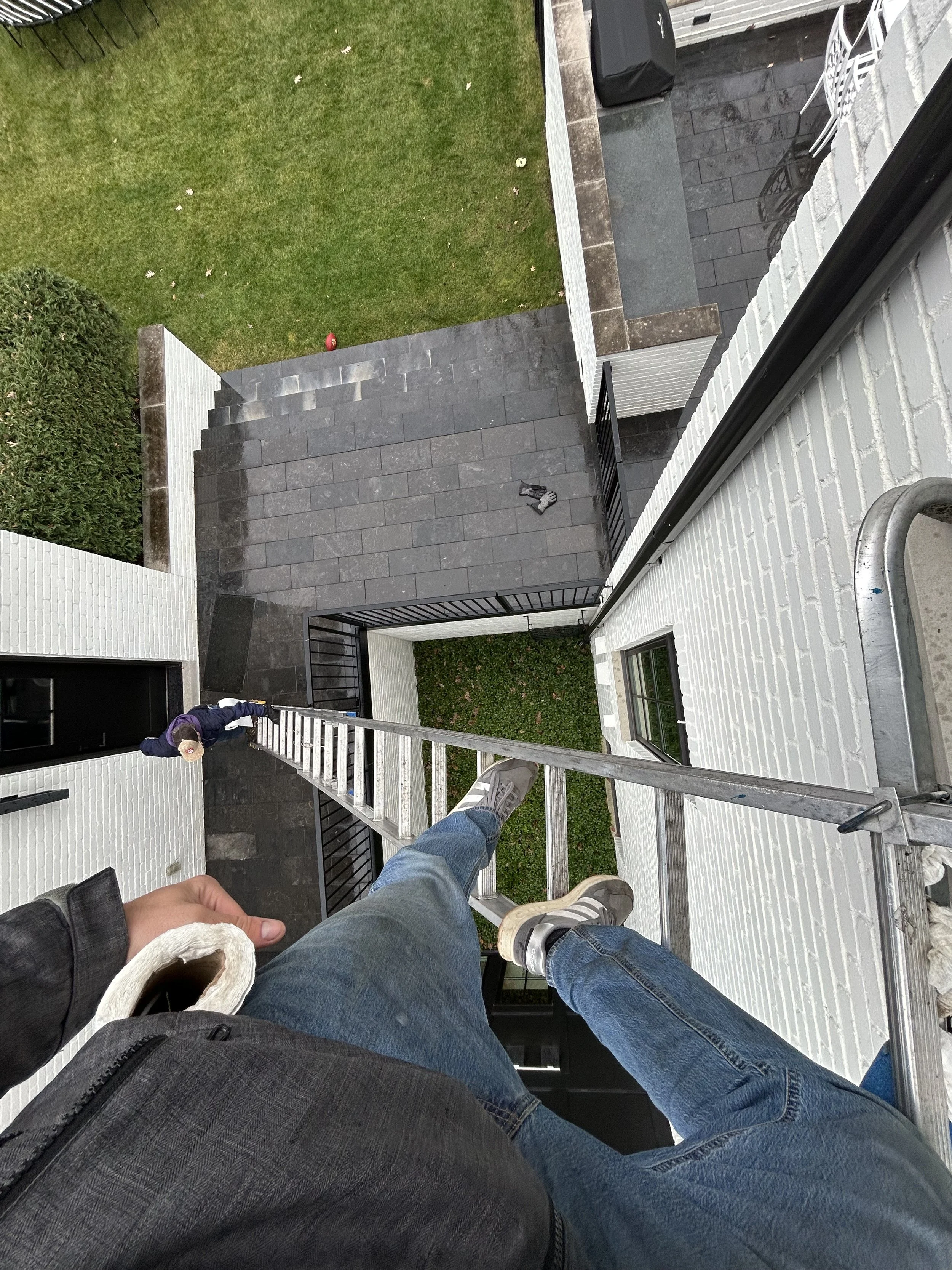 View from above of a person on a high ladder between two buildings, holding a roll of toilet paper, with another person standing below on a patio.