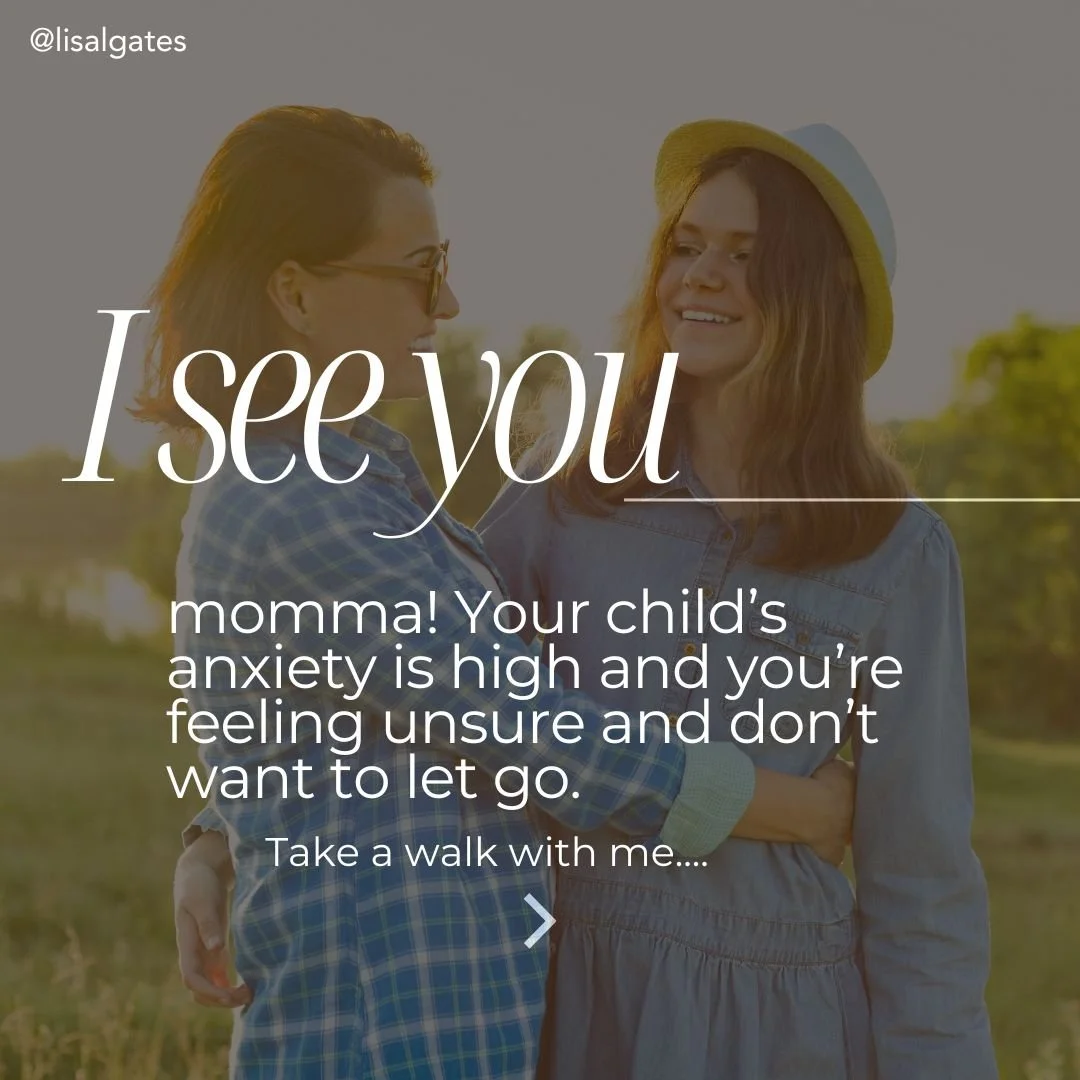 Two women smiling and embracing outdoors during sunset, one wearing glasses and a plaid shirt, the other wearing a denim dress and a yellow hat, with text overlay about taking a walk and supporting a child's anxiety.