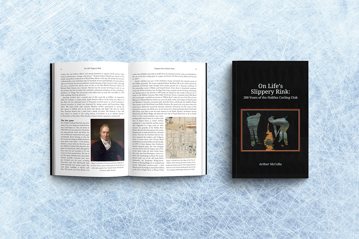 A book showing the cover and a sample of the interior spread layout design by Canadian book designer Tara Joy Andrews.