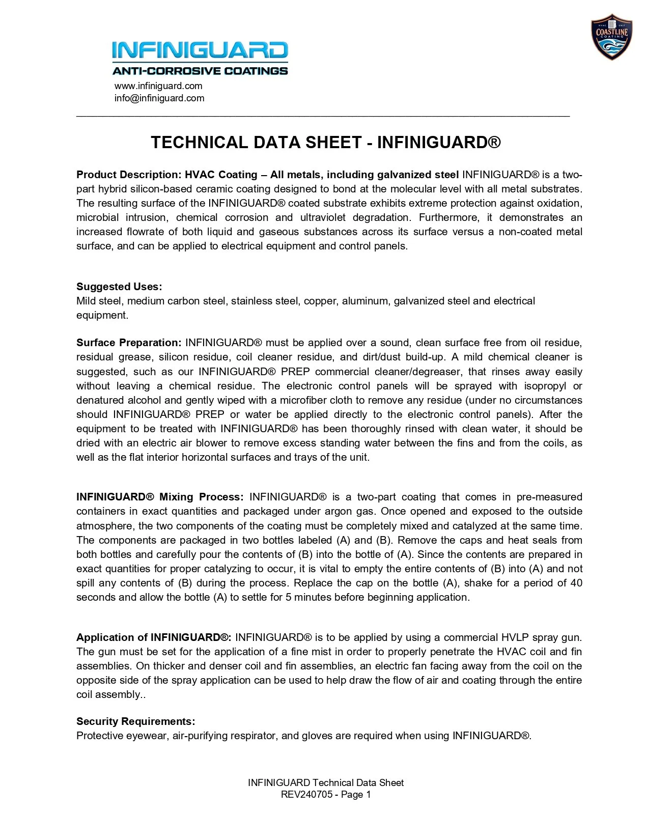 Technical data sheet for INFINIGUARD® anti-corrosive coatings, detailing product description, suggested uses, surface preparation, mixing process, application instructions, and safety requirements.