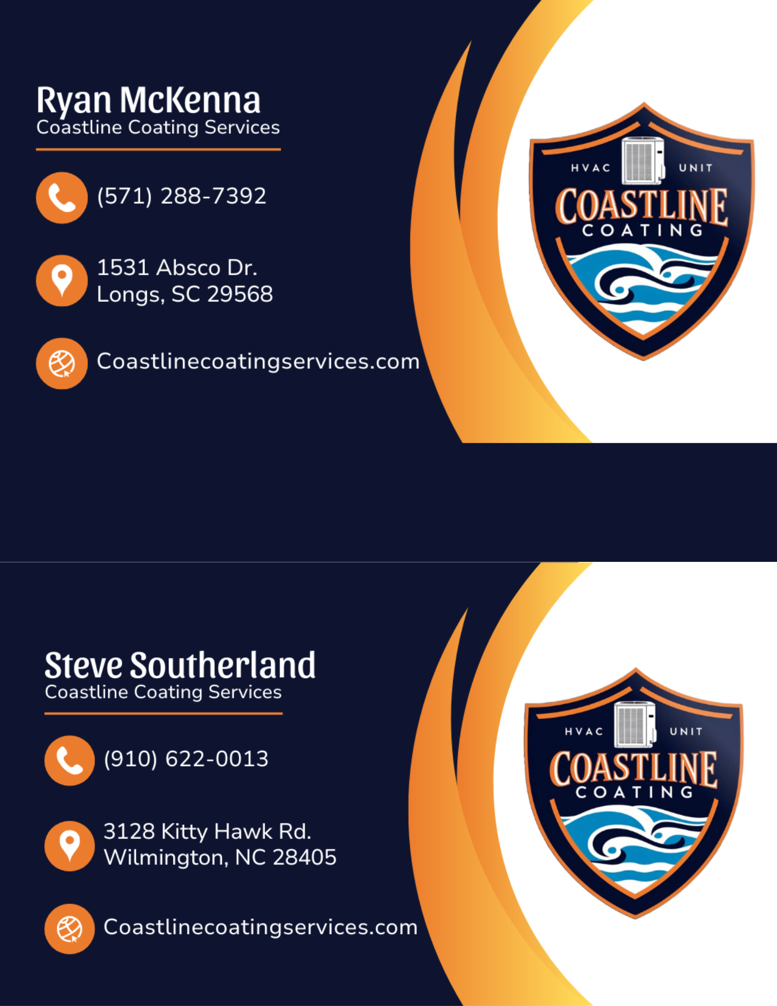 Business cards for Coastline Coating Services featuring a navy and gold color scheme, a shield logo with a wave and HVAC unit, and contact information for Ryan McKenna and Steve Southerland.
