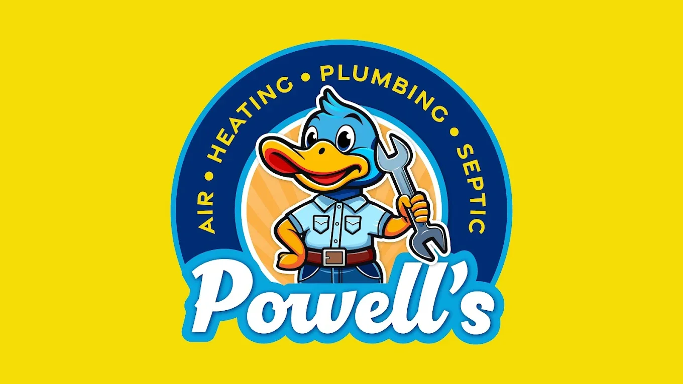 Logo for Powell's, a plumbing and HVAC service company, featuring a cartoon duck mascot dressed in a mechanic shirt holding a wrench, with a blue circle background and yellow border.