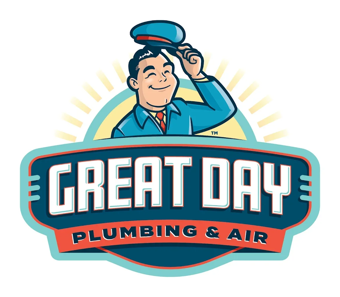 Illustration of a smiling man in a blue suit and red tie, tipping a blue cap, with a sunburst background, and the words 'Great Day Plumbing & Air' below.