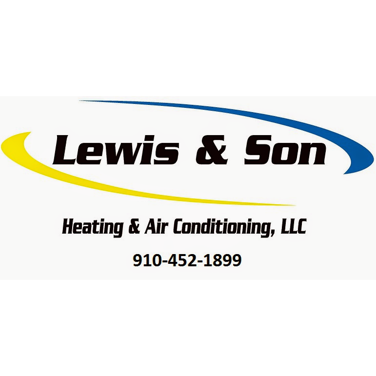 Business card for Lewis & Son Heating & Air Conditioning, LLC, featuring their logo, contact number 910-452-1899, and a design with swooping blue and yellow lines