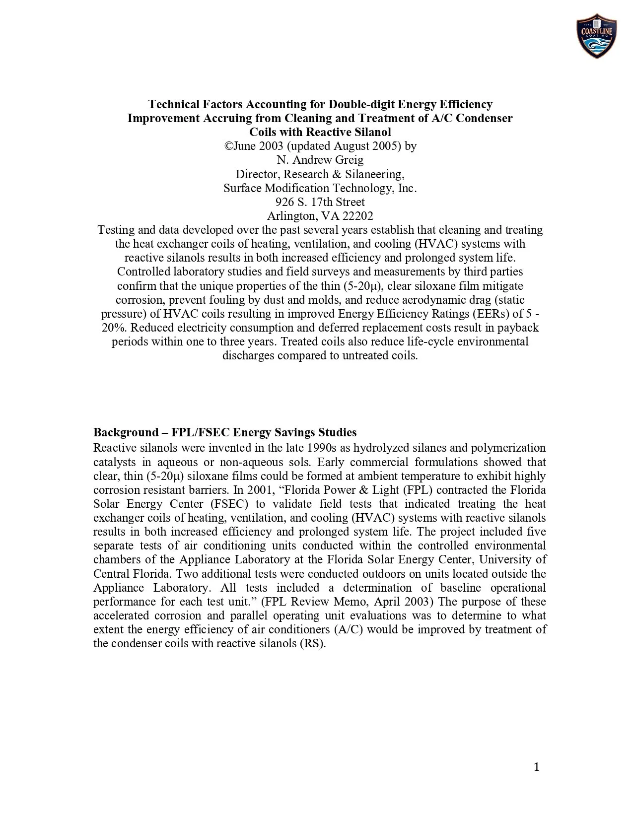 A research paper titled 'Technical Factors Accounting for Double-digit Energy Efficiency Improvement Arising from Cleaning and Treatment of A/C Condenser Coils with Reactive Silanol', authored by N. Andrew Greig, dated June 2003, with a logo of Coastline Coating in the top right corner.