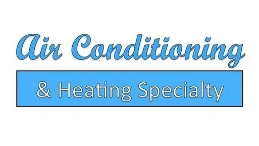 Sign for air conditioning and heating specialty services with blue text on a white background.