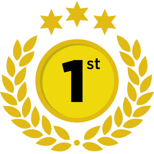 Golden first-place medal with laurel branches and three stars above, reading "1st".