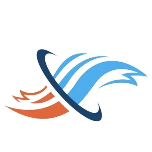 A stylized logo with blue and orange swoosh elements forming a circular shape.