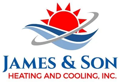 Logo of James & Son Heating and Cooling, Inc., featuring a red sun, blue waves, and a gray swoosh.
